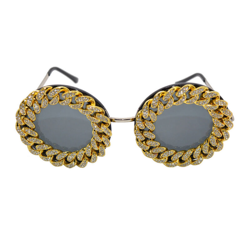Oversize Rhinestone Embellished Chain Round Sunglasses Gold-Tone Metal Frame