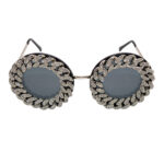 Oversize Rhinestone Embellished Chain Round Sunglasses Silver Frame Grey Lens