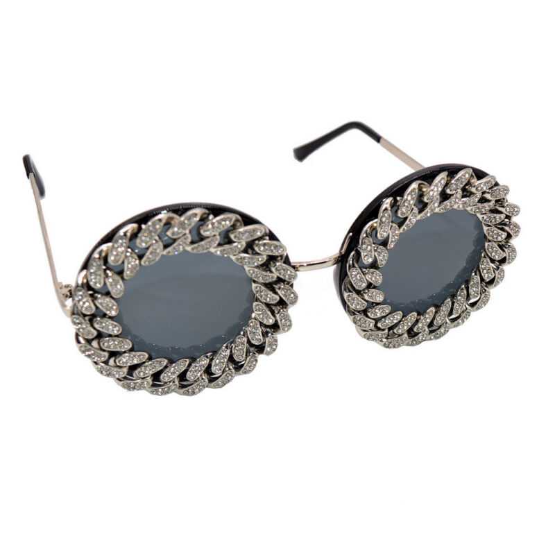 Oversize Rhinestone Embellished Chain Round Sunglasses Silver Metal Frame