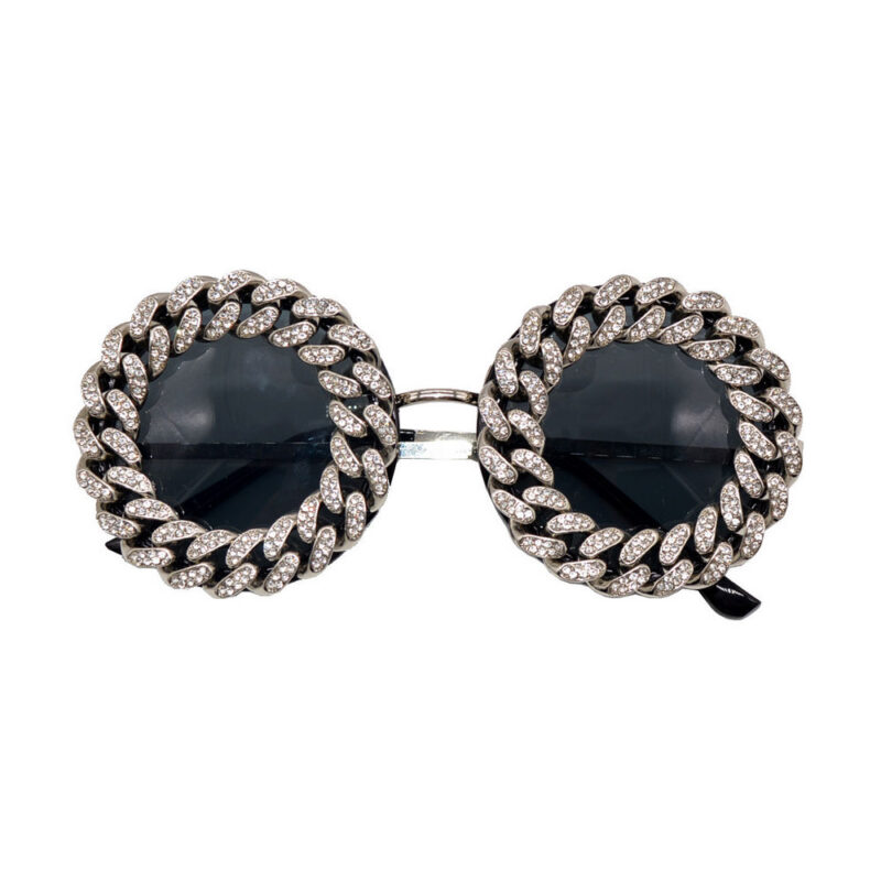 Oversize Rhinestone Embellished Chain Round Sunglasses Silver-Tone/Grey