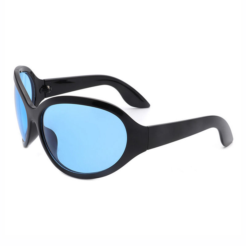 Oversized Oval Futurist Womens Sunglasses Black Frame Blue Lens