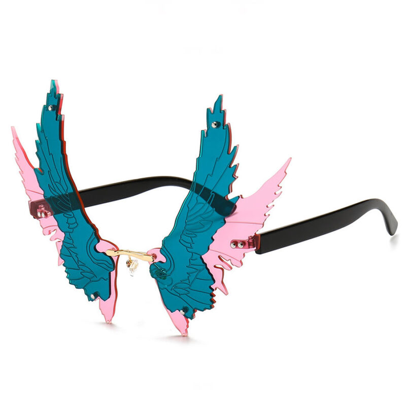 Oversized Rimless Spread Eagle Wings Sunglasses Black Arms Green Pink Lens