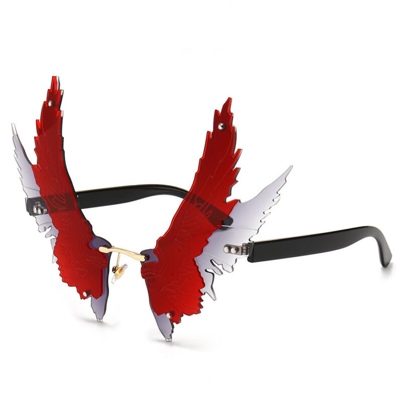 Oversized Rimless Spread Eagle Wings Sunglasses Black Temples Red Grey Lens