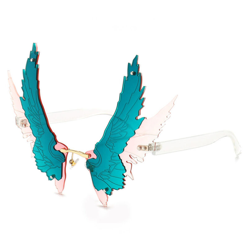 Oversized Rimless Spread Eagle Wings Sunglasses Crystal Arms Green Pink Lens