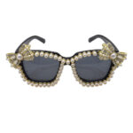 Pearl Embellished Bowknot Chain Square Sunglasses Black