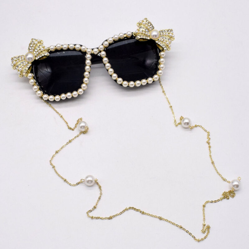 Pearl Embellished Bowknot Chain Square Sunglasses Black Acetate Frame