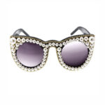 Pearl Embellished Oversize Cat-Eye Sunglasses Black Frame Grey Lens