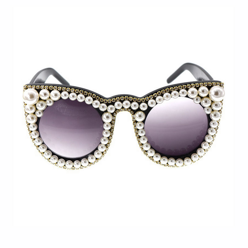 Pearl Embellished Oversize Cat-Eye Sunglasses Black Frame Grey Lens