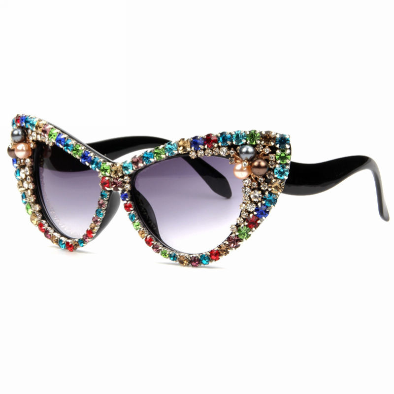 Pearl & Rhinestone Embellished Small Cat-Eye Sunglasses Colorful/Grey