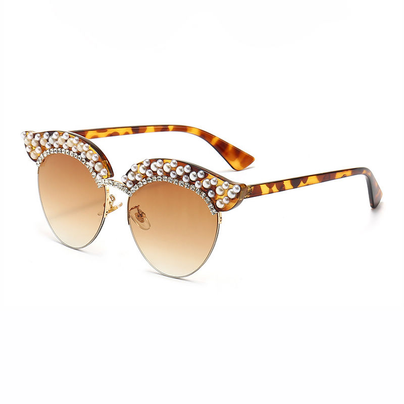 Pearl-Studded Cat-Eye Gradient Sunglasses Tortoise Brown Frame Gradient Brown Lens