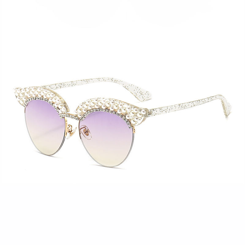 Pearl-Studded Cat-Eye Gradient Sunglasses Transparent Frame Purple Brown Lens