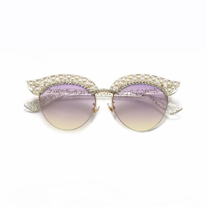 Pearl-Studded Cat-Eye Gradient Sunglasses Transparent/Purple Brown