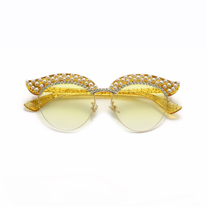 Pearl-Studded Cat-Eye Gradient Sunglasses Yellow/Gradient Yellow