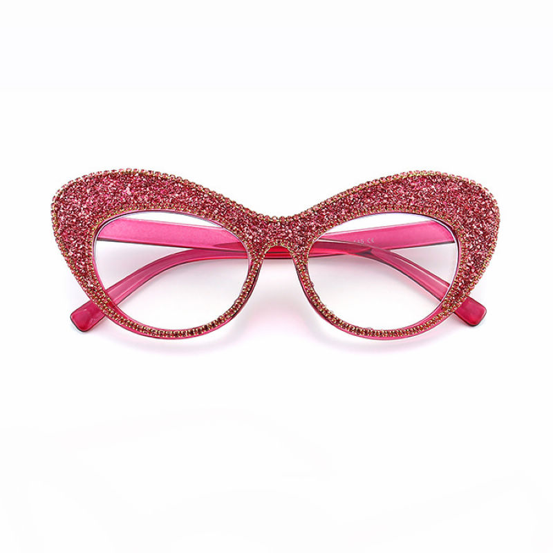 Pink Crystal-Embellished Cat-Eye Acetate Plain Glasses Black/Clear