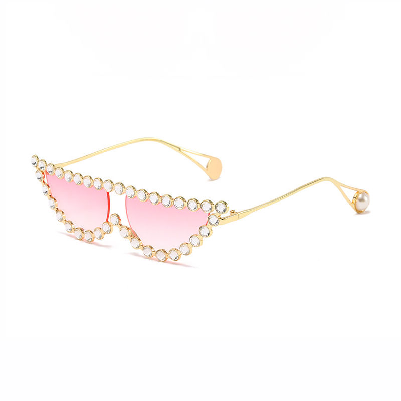 Pink Crystal Pearl Gold-Tone Metal Frame Cat Eye Sunglasses