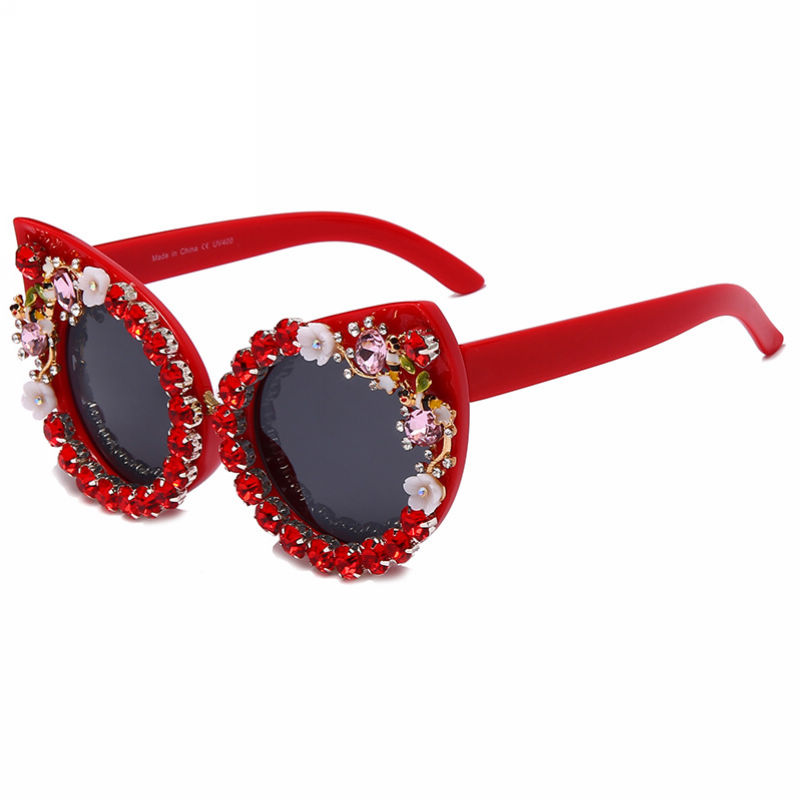 Red Bling Jeweled Cat-Eye Sunglasses
