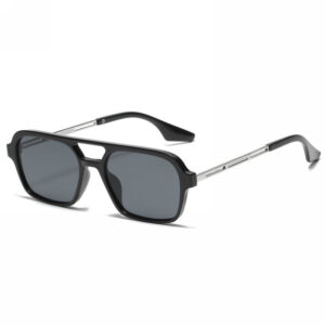 Retro 70s Square Acetate Pilot Sunglasses Black Silver Frame Grey Lens