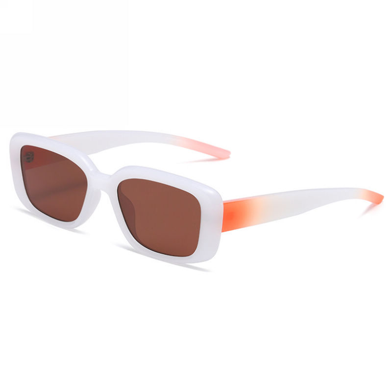 Retro Acetate Rectangle-Shape Womens Sunglasses White Orange Frame Brown Lens