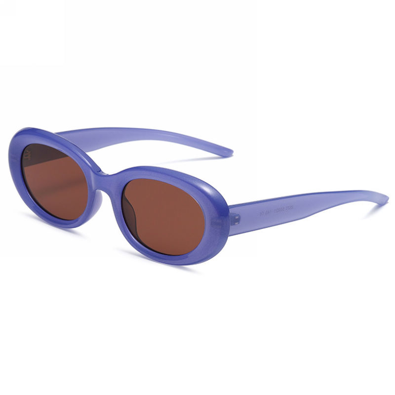 Retro-Inspired Acetate Oval-Shape Sunglasses Blue Frame Brown Lens