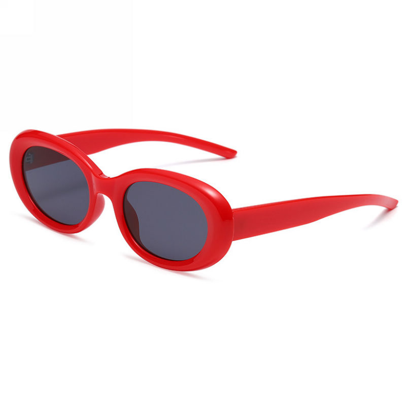 Retro-Inspired Acetate Oval-Shape Sunglasses Red Frame Grey Lens