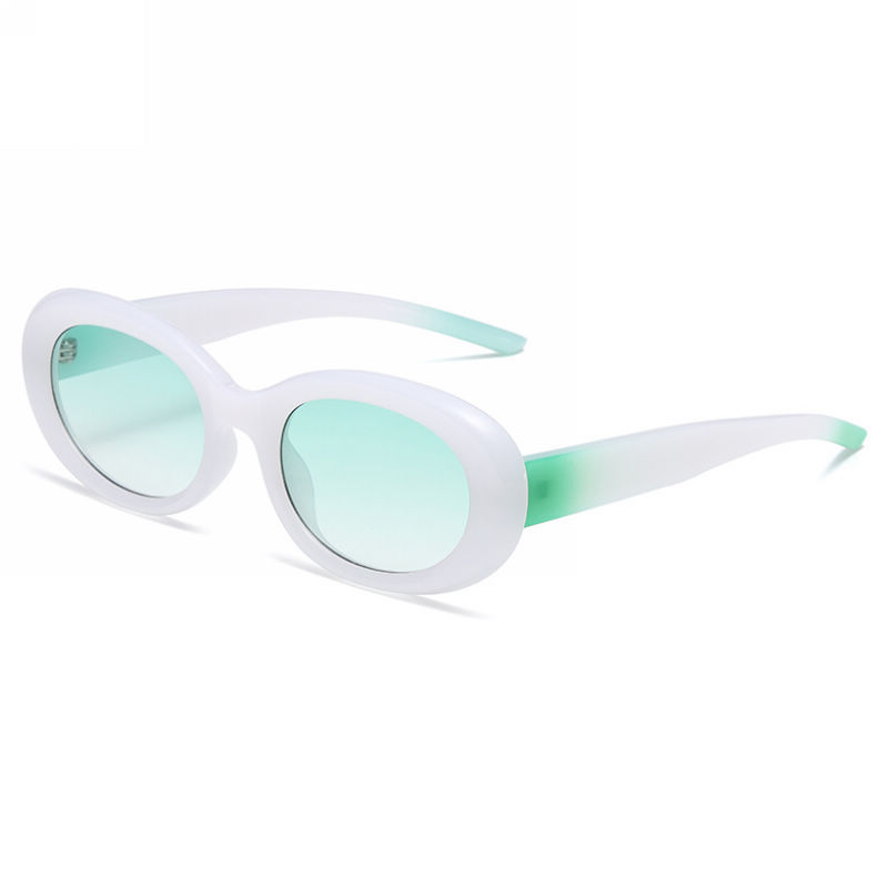 Retro-Inspired Acetate Oval-Shape Sunglasses White Green Frame Green Lens