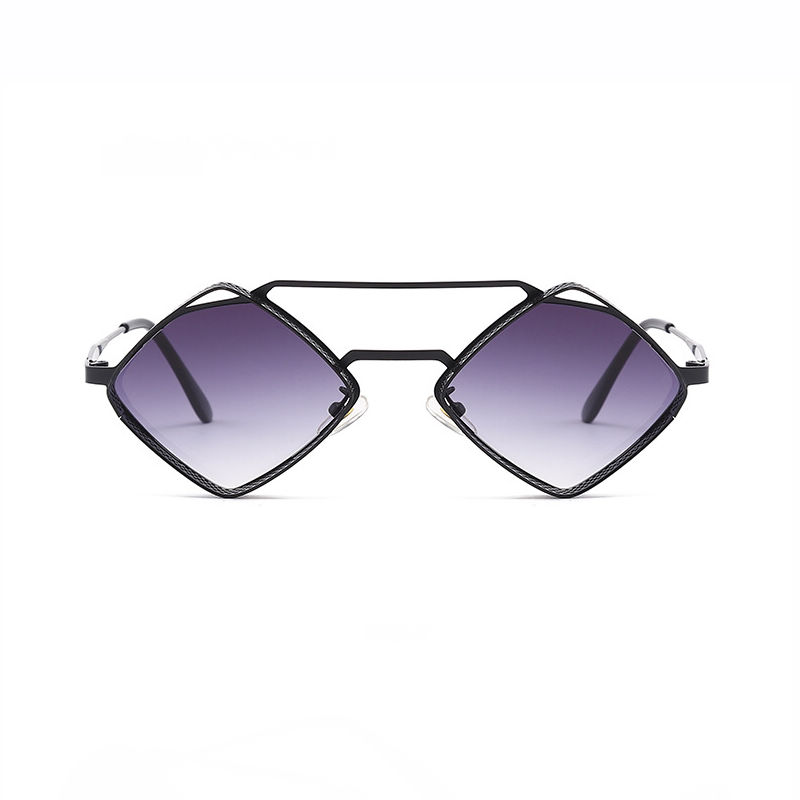 Retro Punk Rhombus-Shaped Mesh Metal Sunglasses Black Frame Gradient Grey Lens