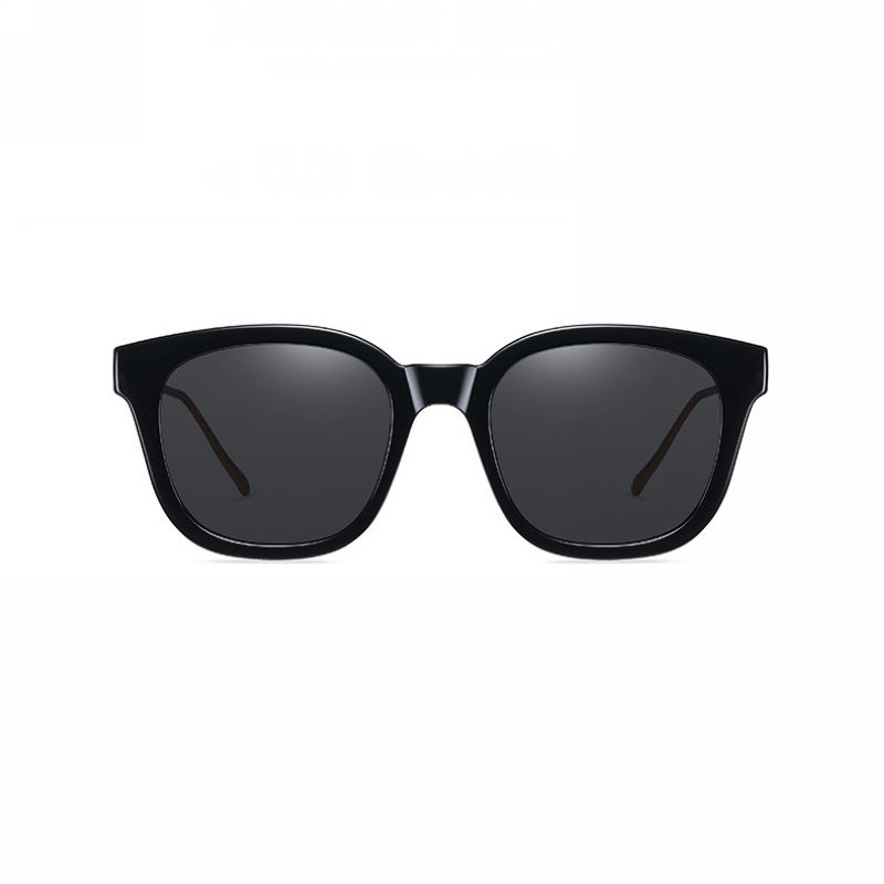 Retro Square Frame Polarized Sunglasses with Metal Temple Shiny Black/Grey