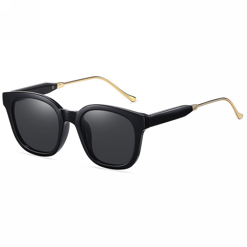 Retro Square Frame Polarized Sunglasses with Metal Temple Shiny Black
