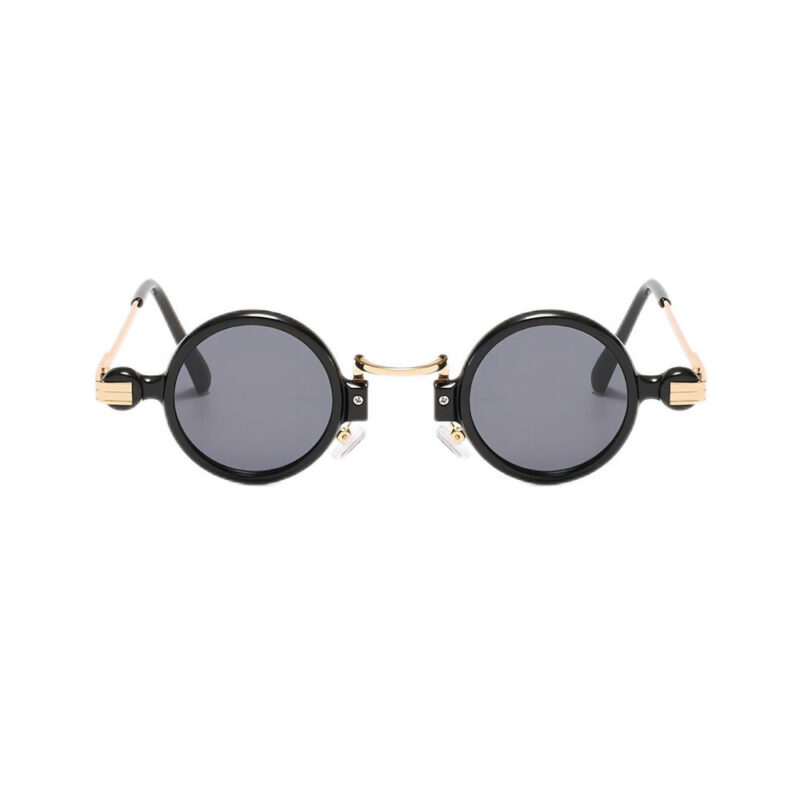 Retro Steampunk Gold Metal & Acetate Small Round Sunglasses Black/Grey