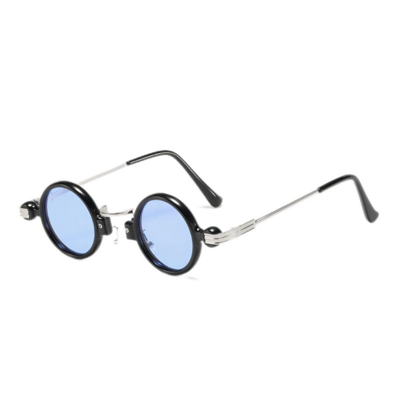 Retro Steampunk Metal & Acetate Small Round Sunglasses Black Frame Blue Lens