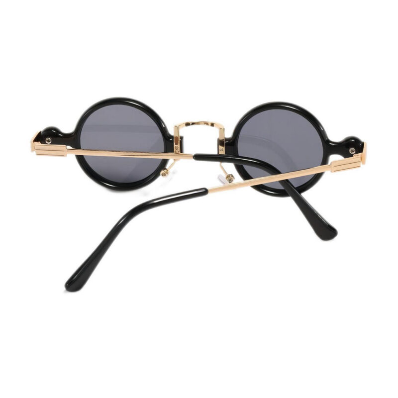 Retro Steampunk Metal & Acetate Small Round Sunglasses Black Frame Grey Lens