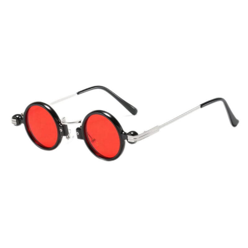 Retro Steampunk Silver Metal & Acetate Small Round Sunglasses Black Frame Red Lens