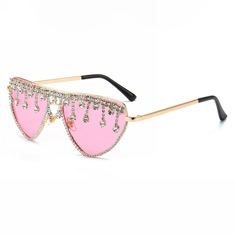 Rhinestone Crystal Drip Fringed Pilot Sunglasses Gold Frame Pink Lens