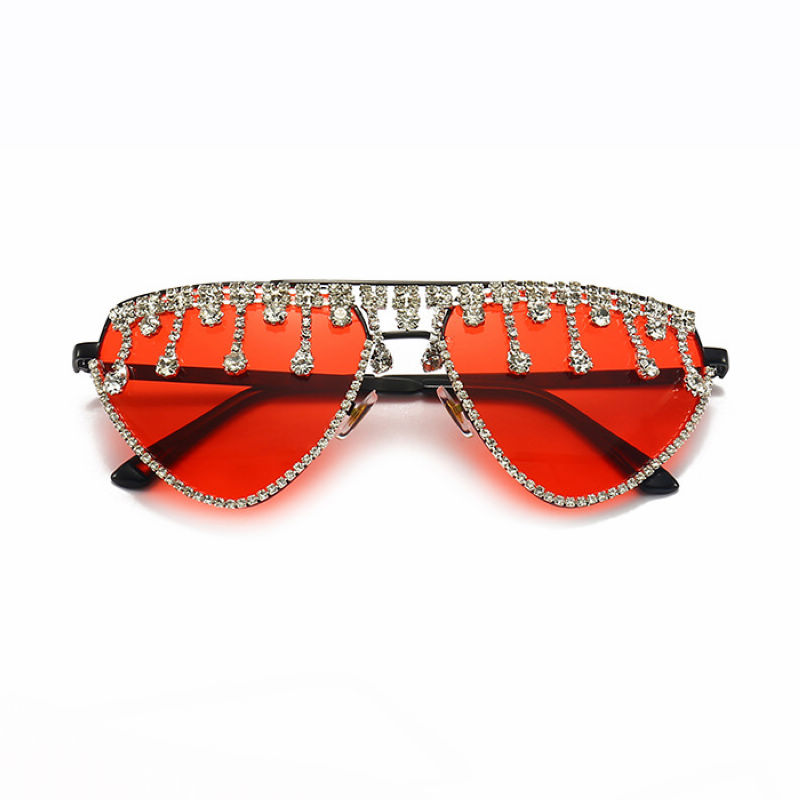 Rhinestone Crystal Drip Fringed Pilot Sunglasses Red