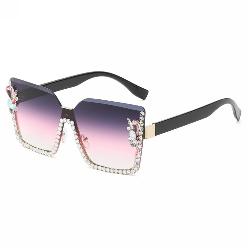 Rhinestone-Embellished Bling Frameless Oversized Sunglasses Black/Gradient Purple