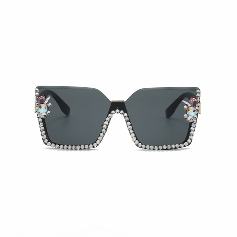 Rhinestone-Embellished Bling Frameless Oversized Sunglasses Black/Grey