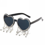 Rhinestone-Embellished Fringe Heart Sunglasses All Black