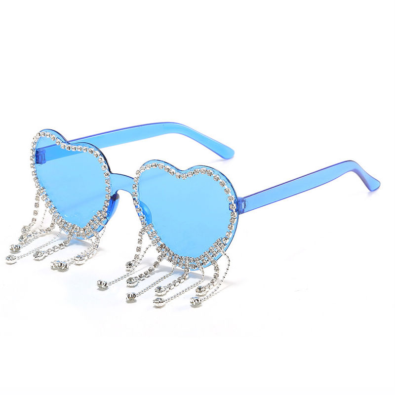 Rhinestone-Embellished Fringe Heart Sunglasses Blue