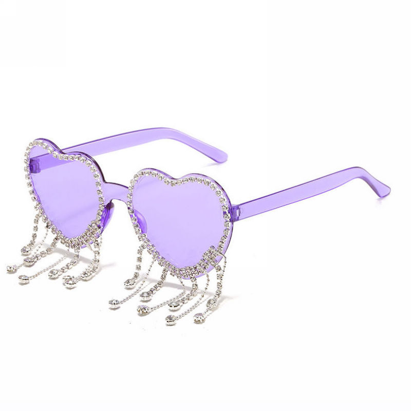 Rhinestone-Embellished Fringe Heart Sunglasses Purple