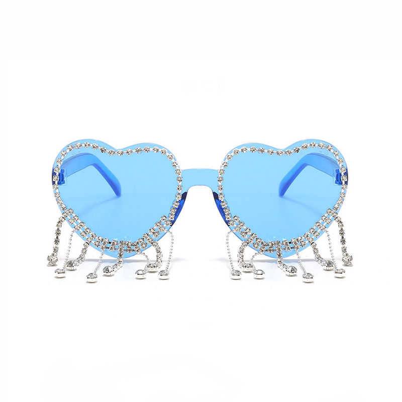 Rhinestone-Embellished Fringe Heart Sunglasses Transparent Blue