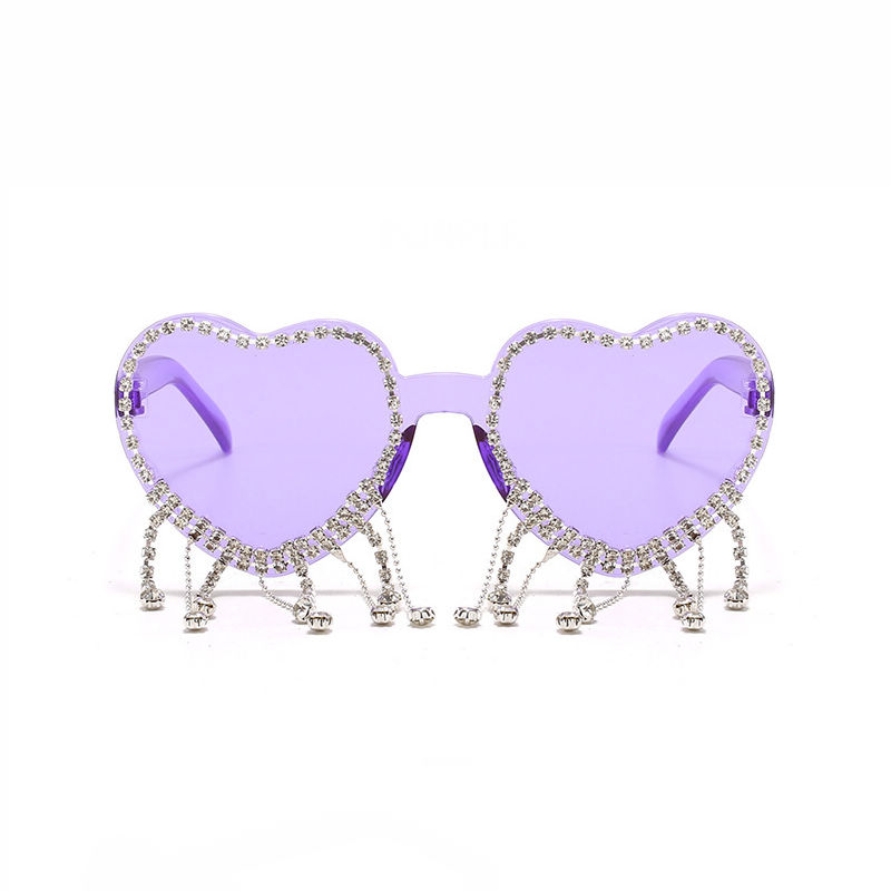 Rhinestone-Embellished Fringe Heart Sunglasses Transparent Purple
