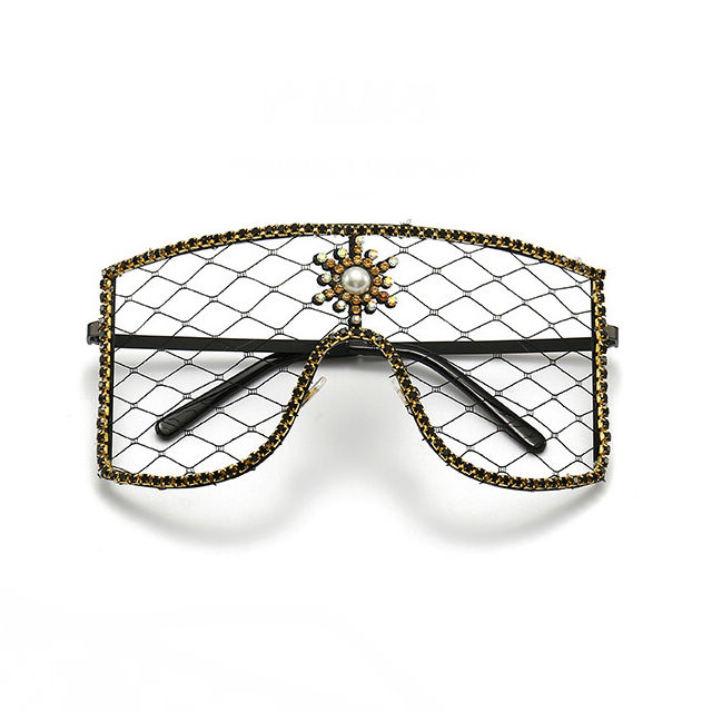 Rhinestone-Embellished Handmade Oversized Shield Mesh Glasses Black Frame