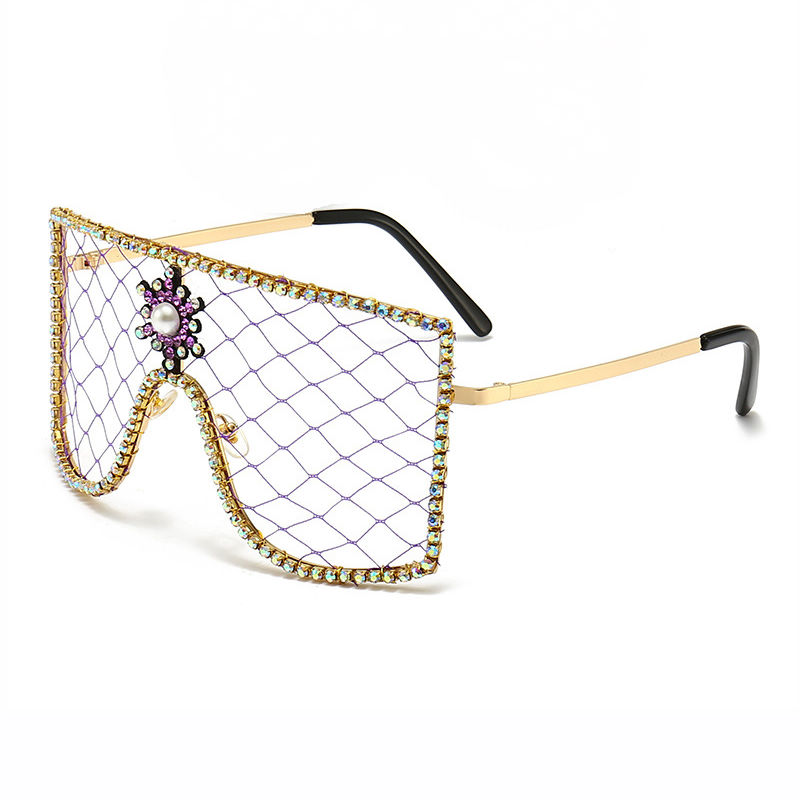 Rhinestone-Embellished Handmade Oversized Shield Mesh Glasses Purple
