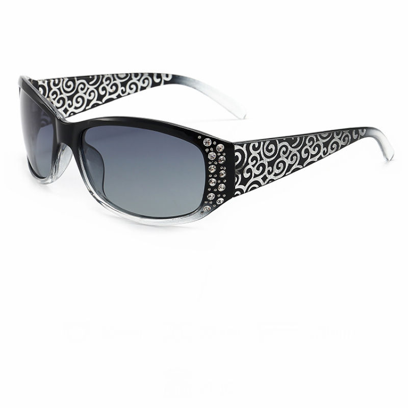 Rhinestone-Embellished Womens Floral Pattern Polarized Sunglasses Black Frame Gradient Grey Lens