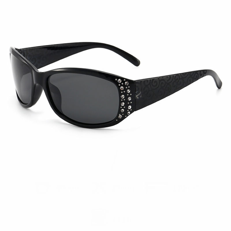 Rhinestone-Embellished Womens Floral Pattern Polarized Sunglasses Black Frame Grey Lens