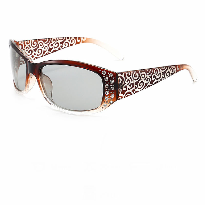 Rhinestone-Embellished Womens Floral Pattern Polarized Sunglasses Brown Frame Photochromic Grey Lens