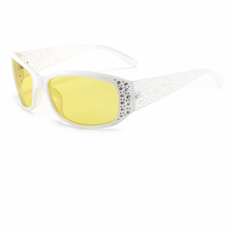 Rhinestone-Embellished Womens Floral Pattern Polarized Sunglasses White Frame Yellow Lens