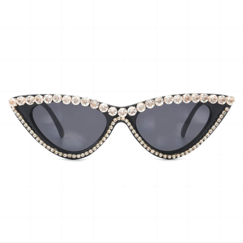 Rhinestone-Rimmed Triangle Cat-Eye Frame Sunglasses Black/Grey