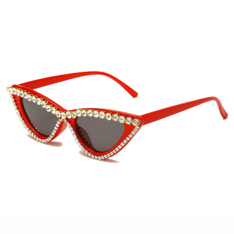 Rhinestone-Rimmed Triangle Cat-Eye Frame Sunglasses Red Frame Grey Lens