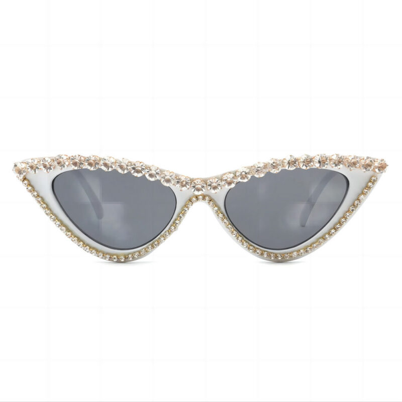 Rhinestone-Rimmed Triangle Cat-Eye Frame Sunglasses White/Grey